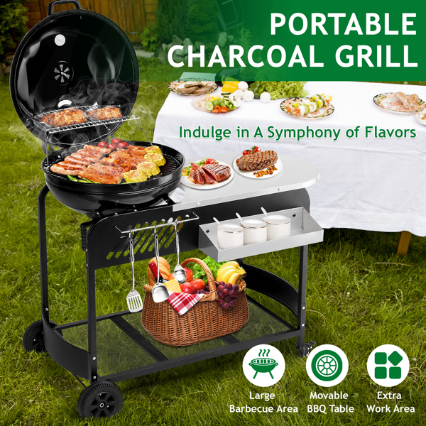 Portable Charcoal Grill with Cart, BBQ Charcoal Grill with Porcelain-Enameled Lid & Slide Out Ash Catcher Thermometer for Barbecue Camping Outdoor, Picnic, Backyard