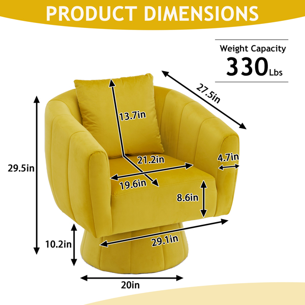 360° Swivel Accent Chair, Modern Velvet Fabric Living Room Armchair with Fluffy Cushions, Comfy Wide Upholstered, Barrel Accent Chairs for Living Room, Bedroom, Lounge, Office Yellow