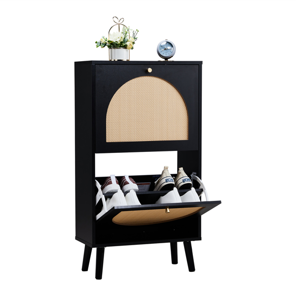 FCH 2 dump buckets with high feet round rattan shoe cabinet particle board + plastic rattan 54*24*98cm black frame + original wood rattan surface + gold high feet