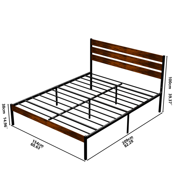 Iron Platform Bed Frame with Rustic Wood Headboard & Footboard (Queen Size) - Brown