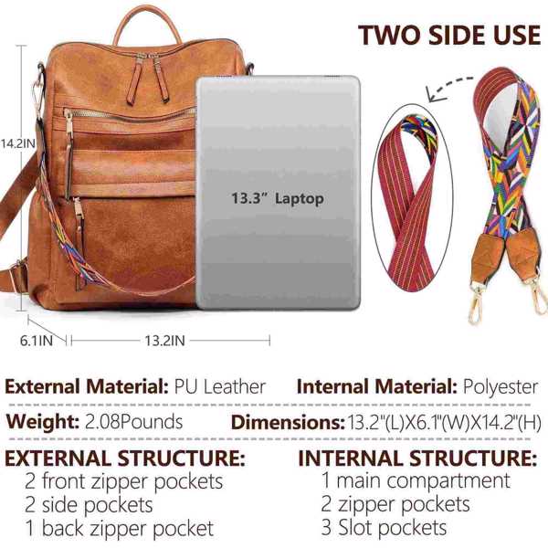 Backpack Purse for Women Fashion PU Leather Designer Anti-theft School Backpack Convertible Shoulder Bags Brown