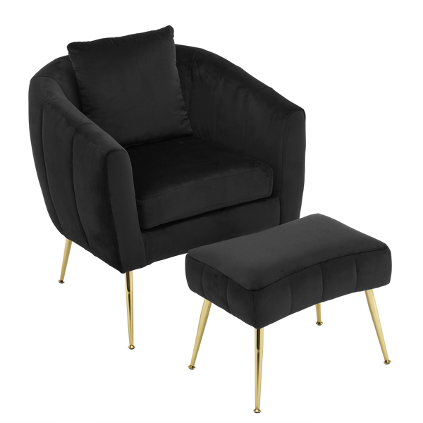 Velvet Accent Chair Set Barrel Chair with Ottoman Modern Club Chair Reading Armchair with Lumbar Pillow for Living Room, Bedroom, Study Room, Home Office Black