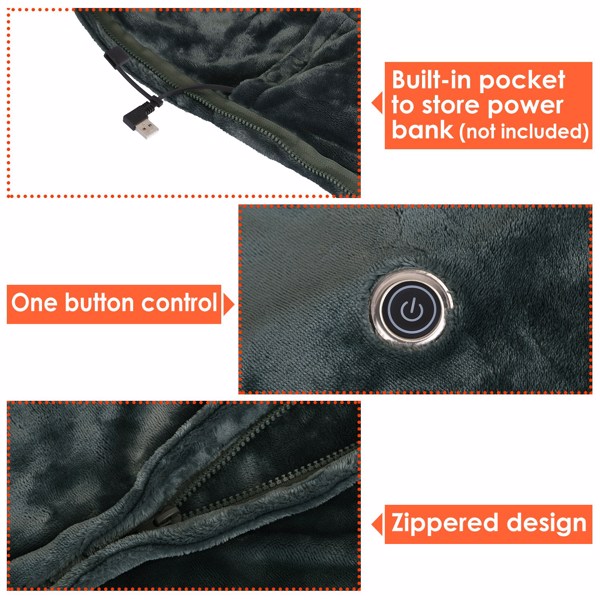 USB Heated Blanket Electric Heated Blanket Heated Poncho Shawl Wrap Throw with Zipper Washable for Home Office 59*31in