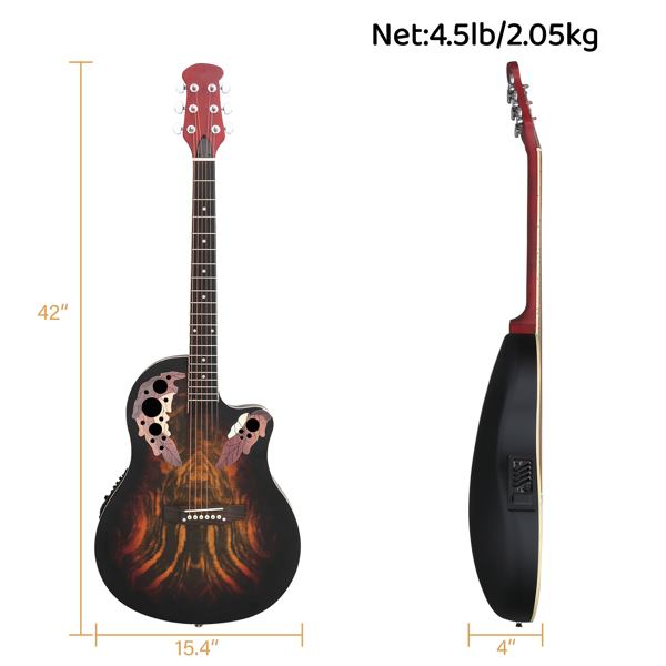 【Don’t sell on Amazon】41 inch Full-Size Cutaway Acoustic-Electric Guitar Grape Voice Hole Spruce Top Round Back Sunset Color