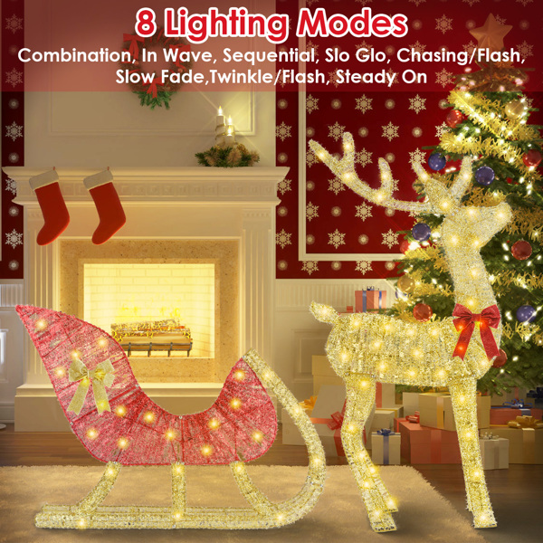 Lighted Christmas Reindeer & Sleigh Indoor Outdoor Christmas Decoration Christmas Lighted Display with 8 Lighting Modes