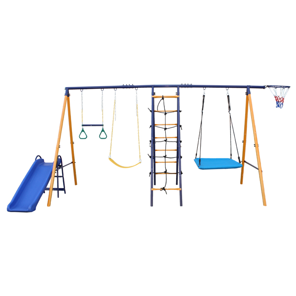 500 lbs 7 in 1 Swing Set for Kids Backyard Outdoor A-Frame Heavy-Duty Metal Swing Sets with Slide, 2 Swing Seats, 1 Climbing Net & Ladder, 1 Gym Ring, 1 Basket