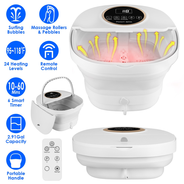 Collapsible Foot Spa Massager Electric Foldable Foot Soaker Tub with Remote Control Handle Surfing Bubbles 24 Heating Levels 6 Timer 6 Massage Rollers 48 Simulated Pebbles Pill Box