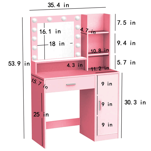 Vanity Desk with Mirror & Light, Large Drawer Three Level Storage Dresser, 3 Lighting Modes Adjustable Brightness, Bedroom Dressing Table(Pink)