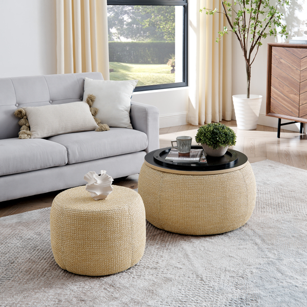 Round Storage Ottoman, Woven rattan fabric Ottoman, 2 in 1 Function, Work as End table and Ottoman,with small seat-nature(25"x25"x14.7")