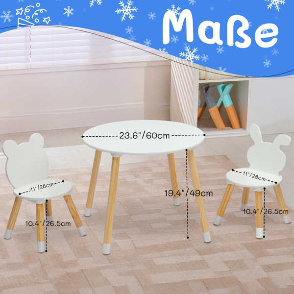 Kids Wood Table and Chairs Set, Toddler Play Table with 2 Chairs, 3 Pieces Children Multi-Activity Round Table for Play Art Craft Reading Learing Eating, White