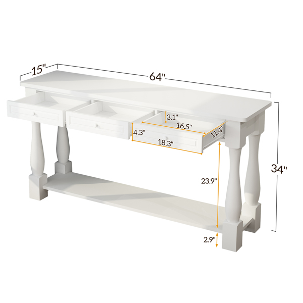 Console Table for Entryway Wood Sofa Table with Storage Drawers and Bottom Shelf for Hallway Living Room White Color