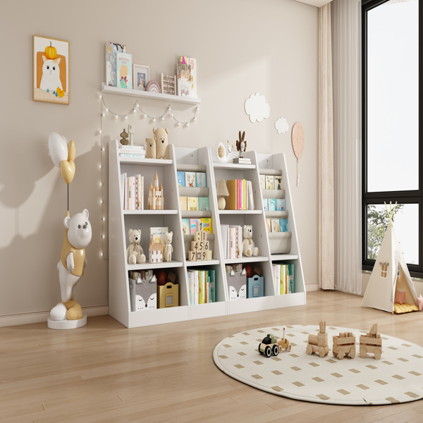 White Wooden Toy Storage Organizer Cabinet  Kids Bookshelf  Children Bookcase Toddler Baby Sling Book Rack Adjustable Shelf for Playroom Bedroom Nursery Hallway School Kindergarten Living Room