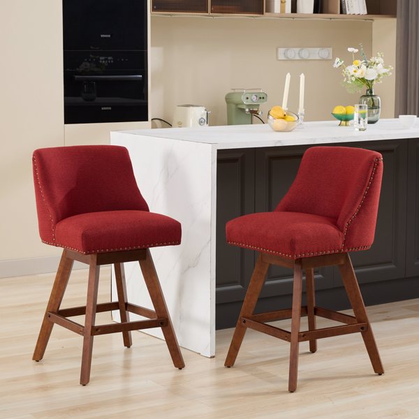 Counter Height Swivel Barstools, 26'' H Seat Height Upholstered Bar Stools Set of 2, Fabric in Wine Red