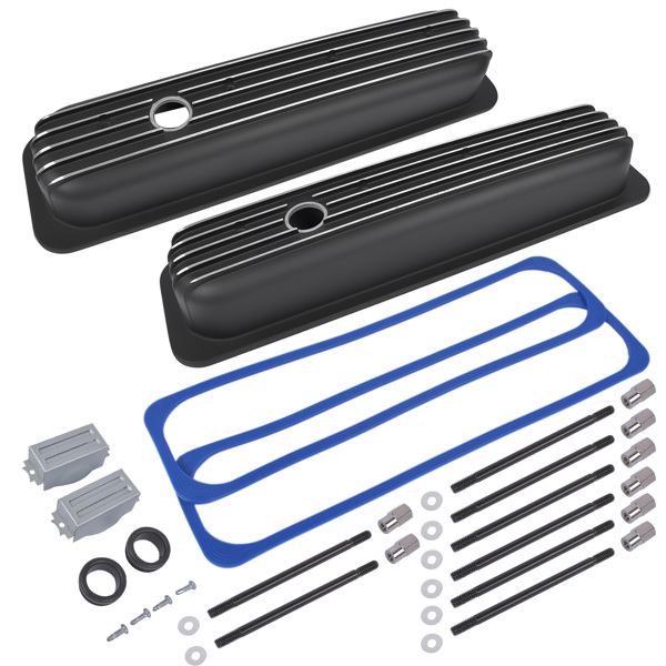 Black Aluminum Short Finned Valve Cover w/ Gasket For SBC 1987-1997 Small Block Chevy 5.0L 5.7L 305 350 Engines