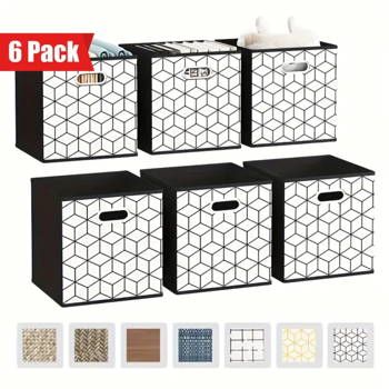 Fabric storage cube storage box, 6-piece set, strong polyester fabric, particleboard side, buckle front handle, stackable and foldable, classic design