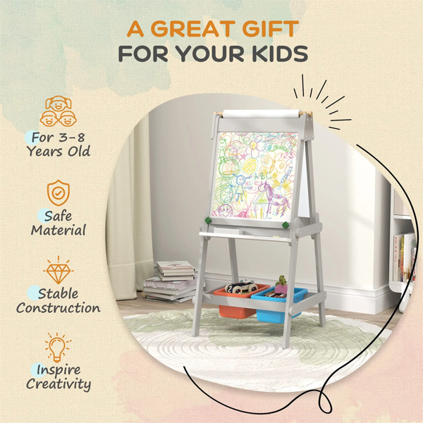 Easel for Kids, Art Easel w/ Paper Roll, Double Sided Whiteboard  Gray