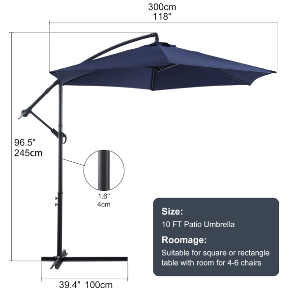 10ft Cantilever Patio Umbrella, Offset Hanging Outdoor Table Umbrella with Tilt Crank, 6 Sturdy Ribs, UV 50+ Protection Sun Shade for Market, Garden, Backyard & Pool Blue