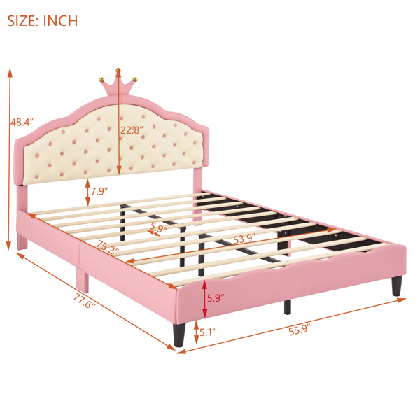 Full Size Lovely Crown Fantasy PU Leather Princess Bed with Tufted Headboard, Pink+Cream