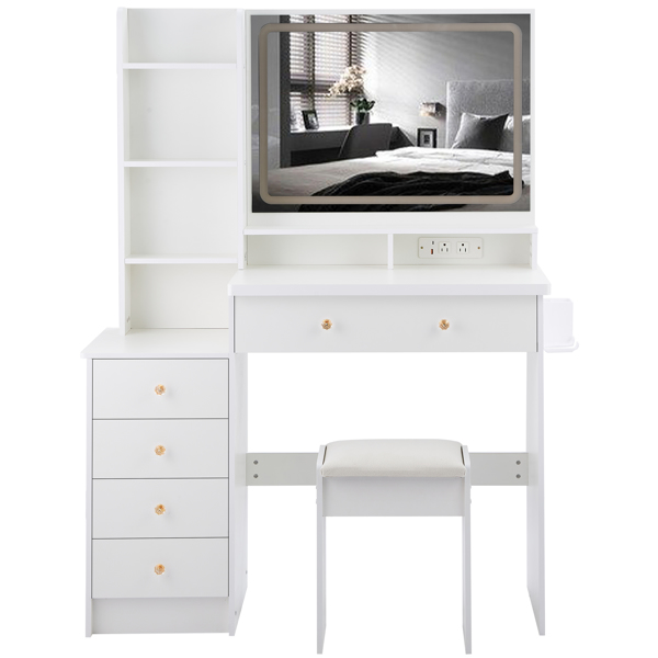 41" Large Size Left Bedside Cabinet Vanity Table+Cushioned Stool Dresser Set, 2 AC+2 USB Power Station, Hair Dryer Stand, Extra Large Touch Control LED Mirror, 3-color Switch, EPA, GCC, UL Certificate