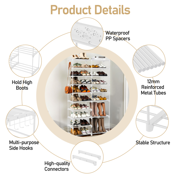 FCH double row 10 layers non-woven shoe rack iron pipe + PP pad + plastic 85.7*29.8*158cm white