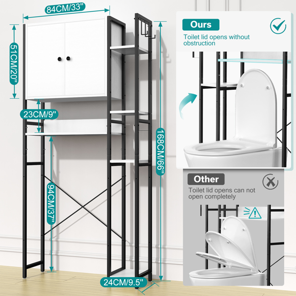 Over The Toilet Storage Cabinet with 4-Tier Side Adjustable Storage Shelves, Non-slip Freestanding Over Toilet Storage W/Hooks, Space Saver Over Toilet Bathroom Organizer for Restroom, Laundry, White