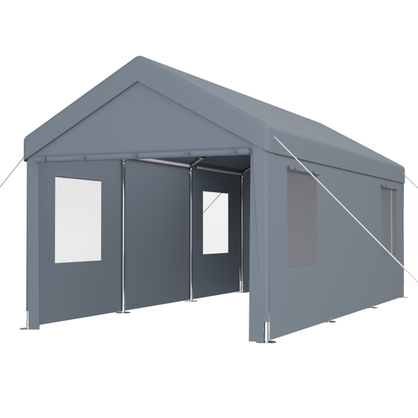 Carport 12' x 20' Portable Garage, Heavy Duty Car Port Canopy with 2 Roll-up Doors & 4 Ventilated Windows for Car, Truck, Boat, Garden Tools,grey