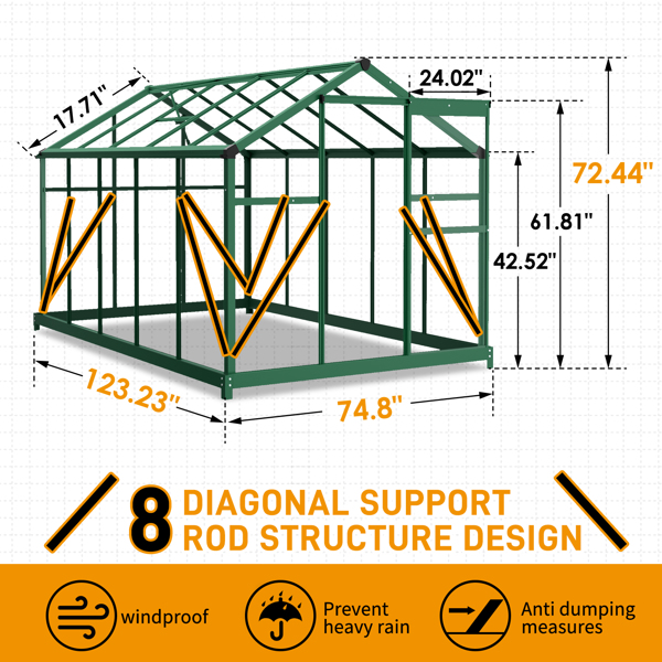 6x10ft Hybrid Polycarbonate Greenhouse Green