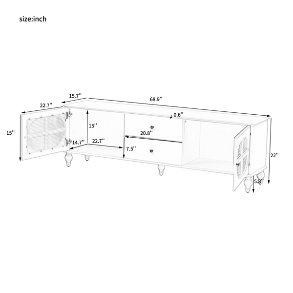 68.9'' Modern TV Stand for TVs up to 75 Inches, Entertainment Center Media Console with Fluted Glass Doors, Five Solid Wood Legs for Living room