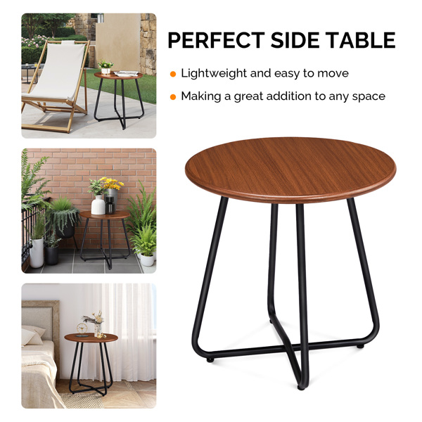 Outdoor Side Table with Imitation Wood Tabletop, Weather Resistant Patio Side Table, Round Outdoor End Table for Patio Yard Balcony Garden