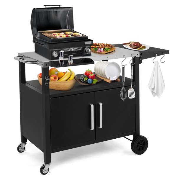 Outdoor Grill Cart with Storage, Rolling Bar Cart Movable Kitchen Island for BBQ, Patio Dining Cart Table for Food Prep with Wheels Hooks Foldable Top