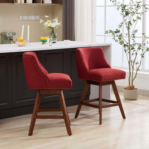 Counter Height Swivel Barstools, 26'' H Seat Height Upholstered Bar Stools Set of 2, Fabric in Wine Red