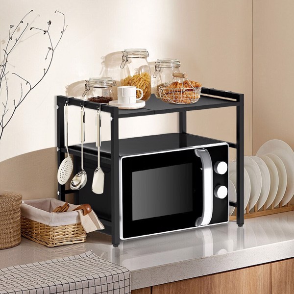 Black single-layer double bar with 6 hooks and extendable kitchen storage rack