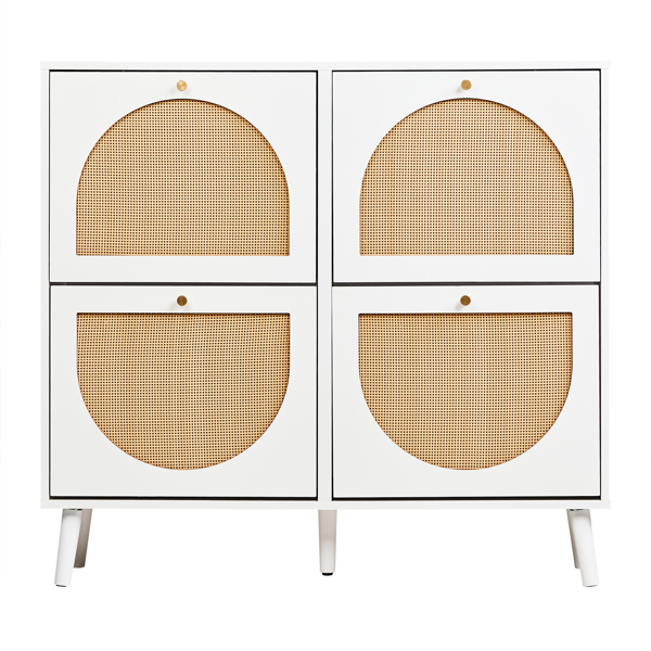 FCH 2 rows of 4 dump buckets with high feet round rattan shoe cabinet particle board + plastic rattan 105*24*98cm white frame + original wood rattan surface + gold high feet