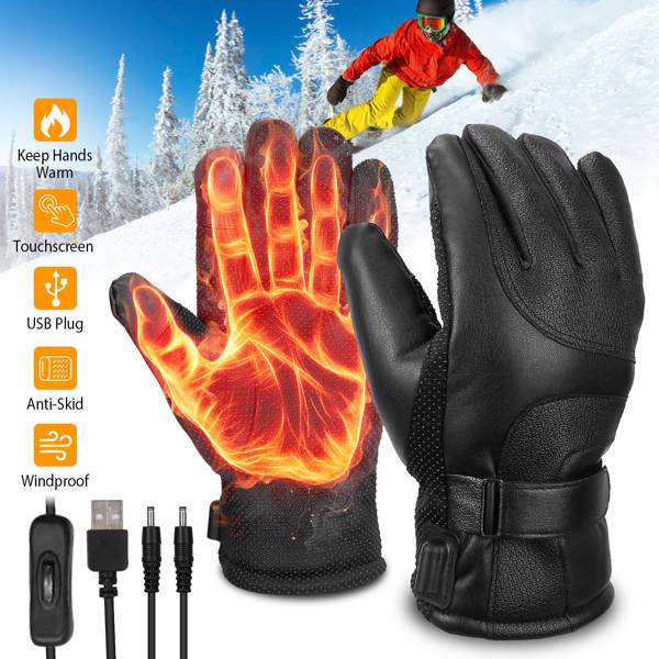 Electric Heated Gloves USB Plug Touchscreen Thermal Gloves Leather Windproof Winter Hands Warmer Unisex for Outdoor Motorcycle Cycling Skiing