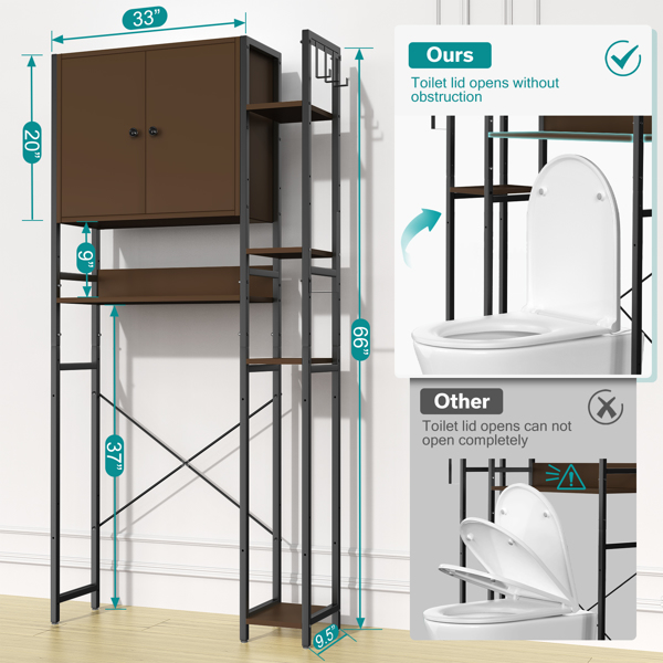 Over The Toilet Storage Cabinet with 4-Tier Side Adjustable Storage Shelves, Non-slip Freestanding Over Toilet Storage W/Hooks, Space Saver Over Toilet Bathroom Organizer for Restroom, Laundry, Brown