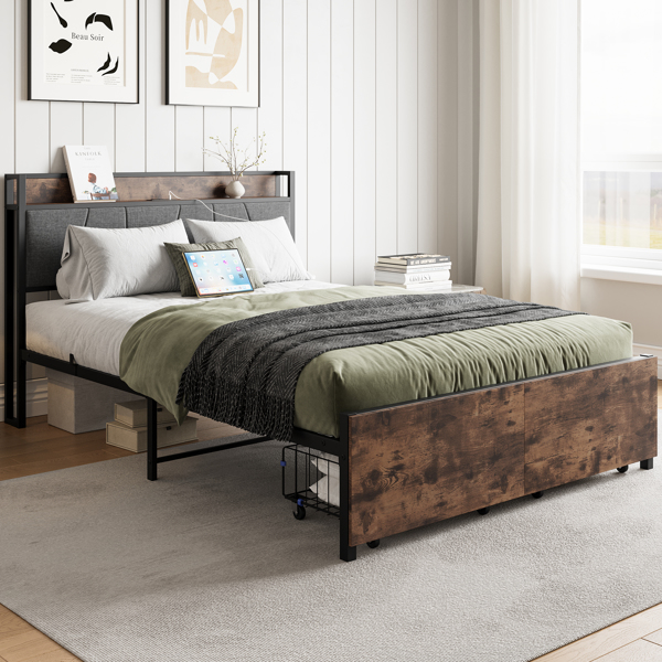 Full Size Bed Frame, Storage Headboard with Charging Station and 2 Storage Drawers,Vintage Brown and Gray