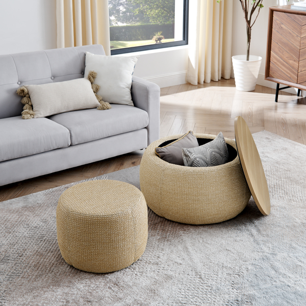 Round Storage Ottoman, Woven rattan fabric Ottoman, 2 in 1 Function, Work as End table and Ottoman,with small seat-nature(25"x25"x14.7")