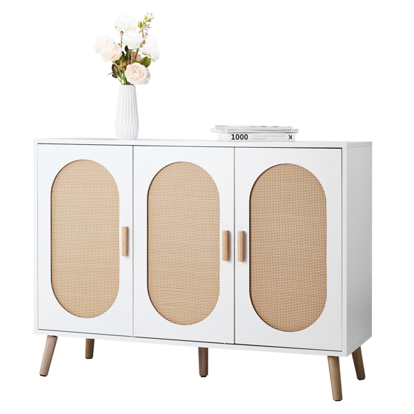 FCH 3-door vertical shoe cabinet particle board + plastic rattan white frame + original wood rattan surface + gold high feet