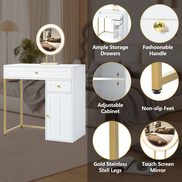 31.5'' Makeup Vanity Desk with Lighted Mirror, Luxury Dressing Table with 2 Drawers and 1 Cabinet, 3 Lighting Modes Available for Bedroom, White-ld（stool not included）