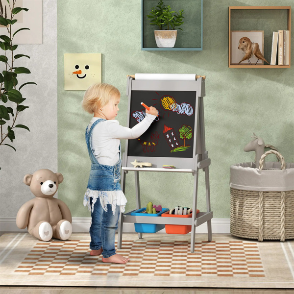 Easel for Kids, Art Easel w/ Paper Roll, Double Sided Whiteboard  Gray