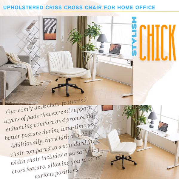 Criss Cross Chair with Wheels & pegs,Dual-Base Wide Armless Comfy Desk Chair Cross Legged,Adjustable Swivel Modern Vanity Chair,Computer Rolling Chair for Home Office,Makeup,Waxed PU,White