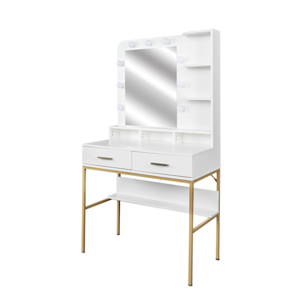 White modern simple vanity with stool, solid metal frame construction, 9 LED lights illuminate makeup mirror, adjustable brightness