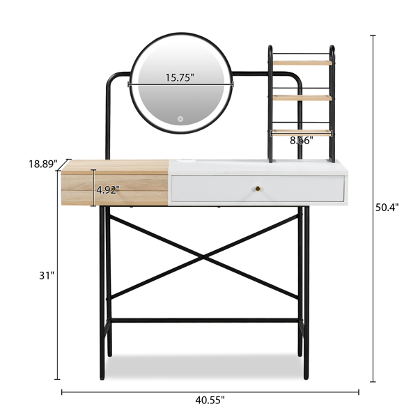 40" Makeup Vanity Desk with 3-Mode Lighted Mirror & Wireless Charging Station , Vanity Table with Drawer & 3 Open Shelves for Ample Storage Space, Dressing Table for Bedroom, White