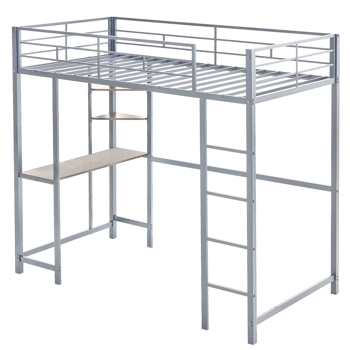 Twin Size Metal Loft Bed with Desk and Storage Shelves, 2 Built-in Ladders & Guardrails, Loft Bed Frame for Teens Juniors Adults, Noise Free, No Box Spring Needed, Grey