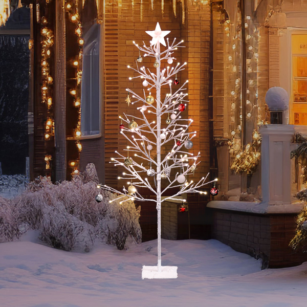 6ft With Stars On The Top, Snowy Fir Shape, Plastic Material, 132 Lights, Warm White Two-Color 8 Modes With Remote Control, 132 Branches, Indoor Tree Lights,White