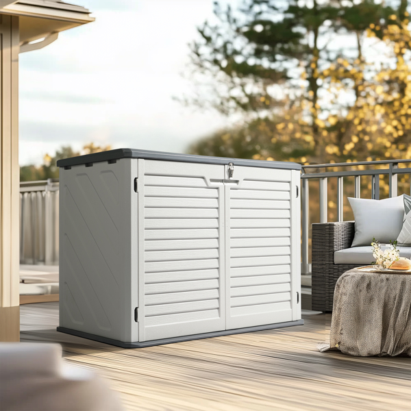  Outdoor Storage Shed, 34 Cu Ft Horizontal Outdoor Storage Cabinet, Lockable Outdoor Storage Box for Garbage Cans, Lawn Mower and Tools, Grey & White