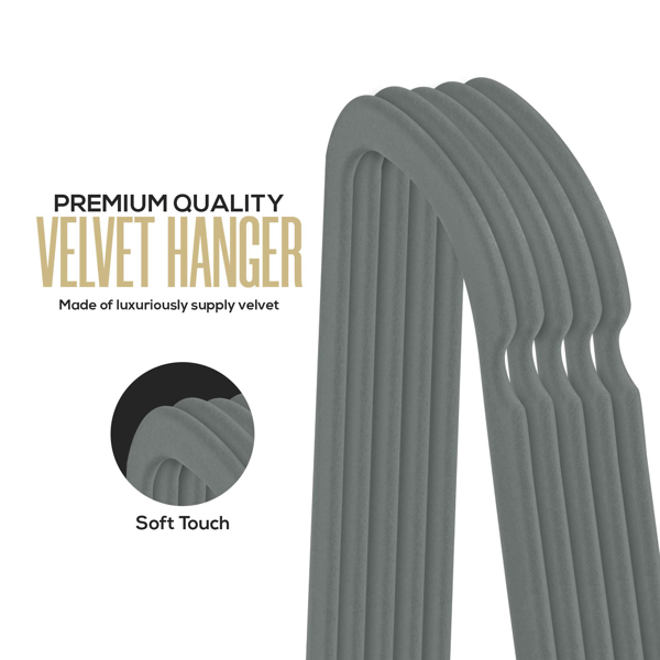 Velvet Hangers, 60 Pieces, Space Saving Hangers, Non-slip Felt Hangers with Tie Clips, Shoulder Recesses, Heavy Duty Suit Hangers for Coats, Shirts, Pants and Dresses Grey