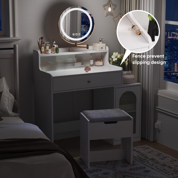 White Vanity Desk with 360° Rotated Mirror and Adjustable Lights, Girls Makeup Vanity Table with Storage Chair and Side Cabinet with Waveform Glass Doors, Dressing Table with Drawer for Bedroom