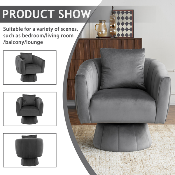 360° Swivel Accent Chair, Modern Velvet Fabric Living Room Armchair with Fluffy Cushions, Comfy Wide Upholstered, Barrel Accent Chairs for Living Room, Bedroom, Lounge, Office Gray