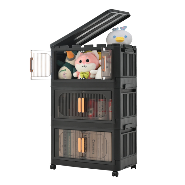 Black,19.69" Side Wide Folding Storage Cabinet ,3 Tiers,19.69"×11.81"×31.10",Collapsible Storage Bins with Magnetic Door, Plastic Storage Cabinet with Wheels